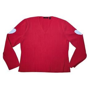 Cycus Red V-Neck Sweater with White Heart Elbow Patches – Size Large